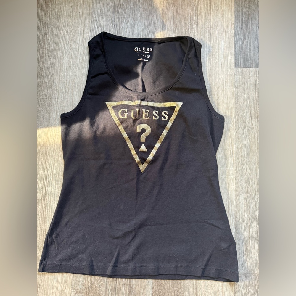 GUESS Black Tank Top with Gold Triangle Logo